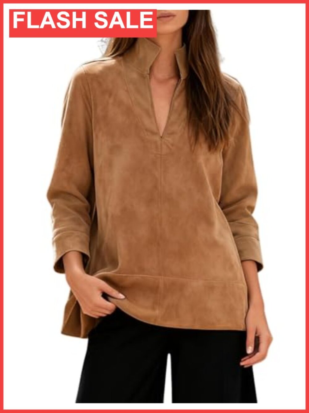 Faux Suede Tunic Top V Neck 3/4 Sleeve Stand Collar Split Hem Blouse